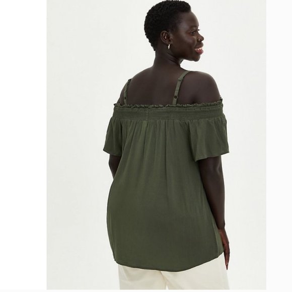 Torrid Rayon Crepe Cold Shoulder Smocked Gauze Olive Green Top Blouses 00 - Picture 3 of 8